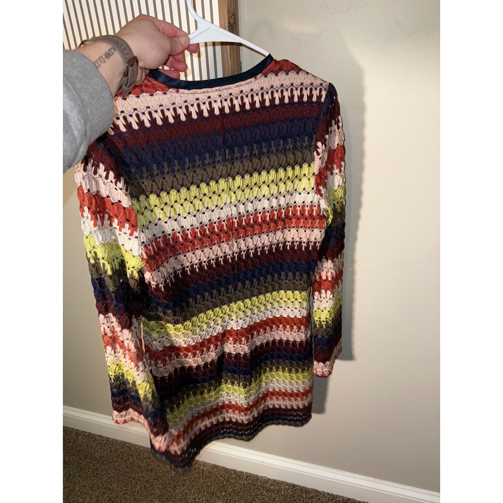 Ramy Brook Multi Color Striped Crochet Knit V-Neck Bell Sleeve Mini Dress Large - Picture 6 of 10